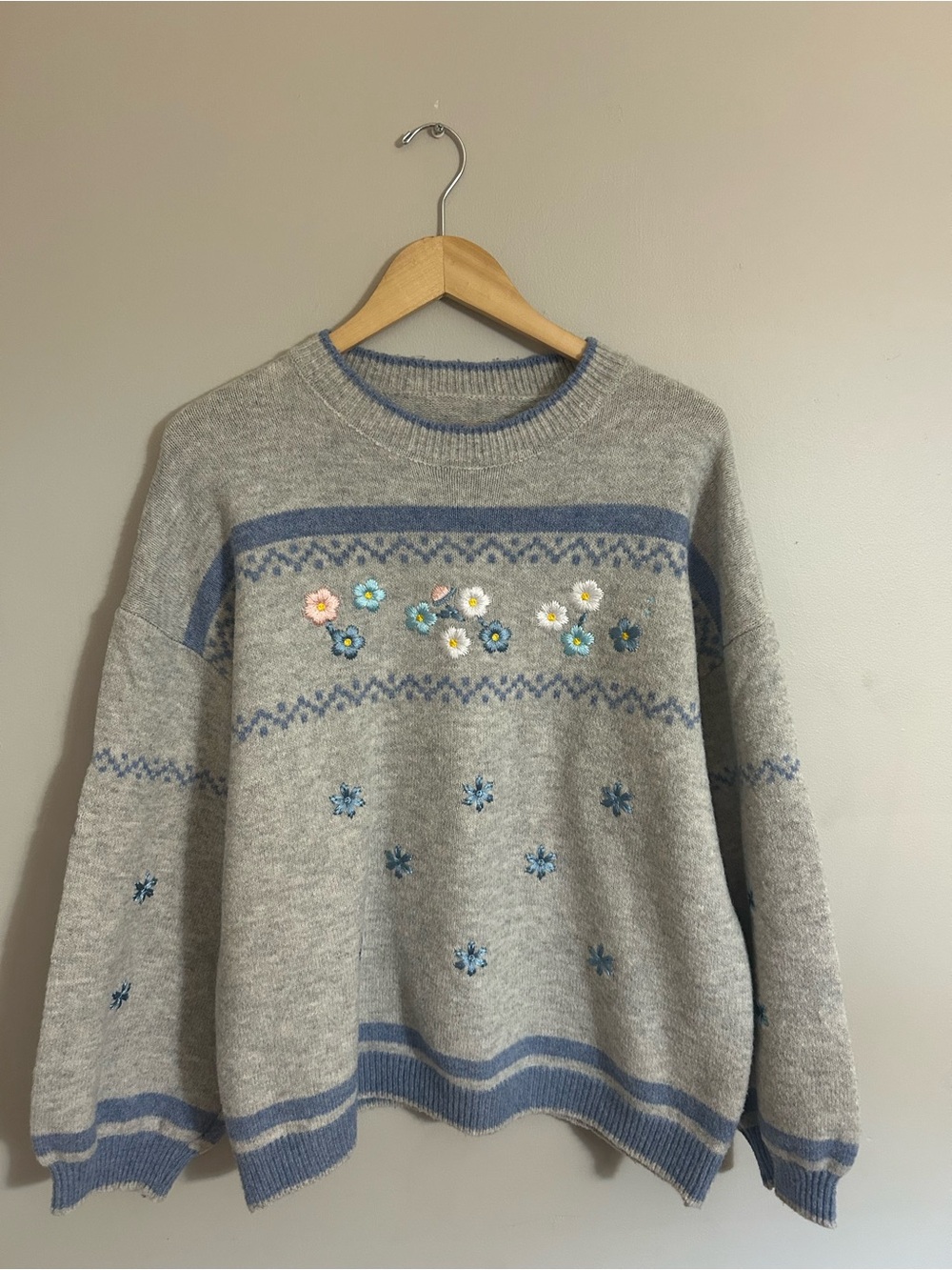 Grey Crewneck Sweater with Blue Floral Embroidery